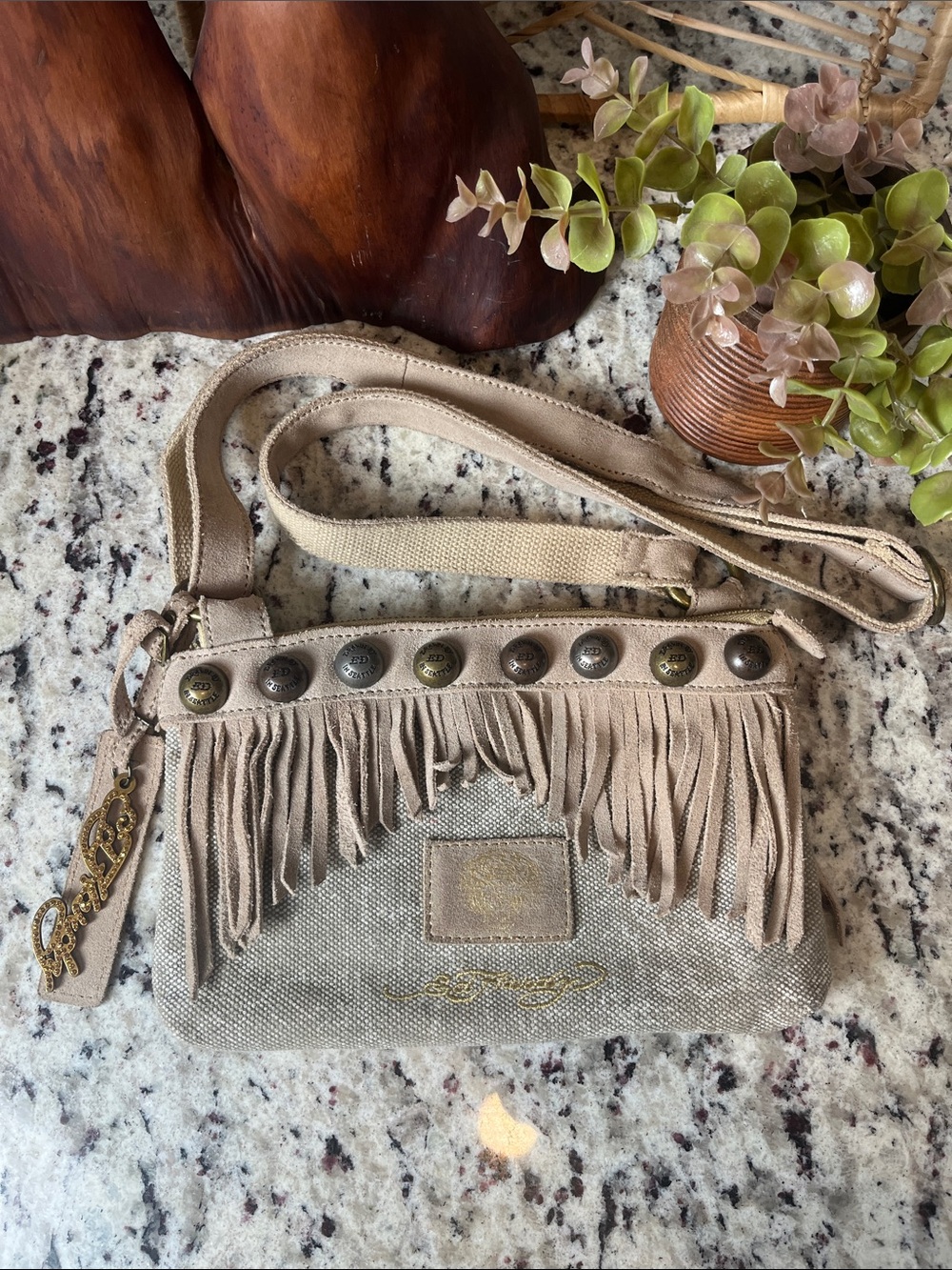 Y2k Ed Hardy Fringed Crossbody Bag with Stud Trim